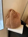 Large cotton thread woven tote bag with hollow out design and drawstring inner pouch - Khaki