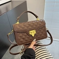 Brown quilted crossbody bag with golden square lock and adjustable shoulder strap - Brown