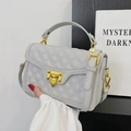 Beige quilted leather crossbody bag with gold hardware and studded lock for women - Gray