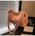 Peach pink chain shoulder bag in soft faux suede with large capacity and gold hardware - Pink