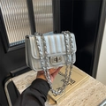 Silver quilted leather crossbody bag with rhinestone buckle and chain strap for women - Silver