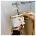 Chic white quilted bucket bag with vintage gold flower logo and metal chain strap - White