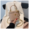 Pink quilted bucket bag with golden flower buckle and leather-woven chain strap - Khaki