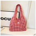 Classic red and white checkered wool tote bag with good text embroidery detail - Large Grid Red