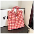Plaid canvas tote bag in red and beige checkered pattern with a minimalist leather patch - Large Grid Red