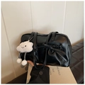 Black leather bowling bag with bow ribbon detail and white plush cloud charm accessory - With Pendant / Black