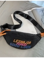Retro black nylon crossbody chest bag with pixelated letter print and orange zipper detail - Black