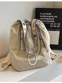 Minimalist beige drawstring canvas tote bag with geometric embroidered shoulder straps - Beige with Blue