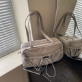 Chic pleated nylon tote bag in light brown with multiple drawstring pockets and straps - Gray