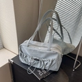 Chic light blue-grey pleated underarm bag with drawstring detail and dual handles - Blue