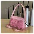 Pink ruffle shoulder bag in lightweight nylon with sweet wave design for women - Pink