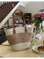 Grande borsa tote in paglia intrecciata con manici in pelle marrone in un caffè - Stile Patchwork Beige Marrone (Stile Uno)