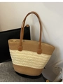Borsa tote in paglia intrecciata tricolore con manici in pelle marrone e capiente - Stile a Righe a Tre Stadi (Stile Due)