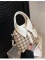 Unieke handtas in overhemdstijl met blauw-geel ruitpatroon en wit leren afwerking - Broken Wit