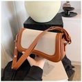 Bolso de hombro retro en cuero marrón y tela beige con hebilla de metal - Beige Marrón