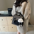Chic grey frosted crossbody bag with black leather panels and white cloud plush charm - Dark Tea Brown (With Charm)