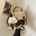 Two-tone retro canvas backpack in beige and brown with a cloud plush charm - Cream White with Pendant