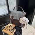 Blue denim and brown leather college style crossbody bag with plush cloud charm - Denim Blue With Pendant