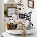 7-piece coffee tiered tray decor set with gnome, wooden signs, and mini mugs - Plaid Hat Coffee Doll