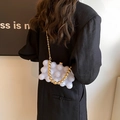 Chic white bubble pearl crossbody bag with golden chain and round beaded handle - Milky White