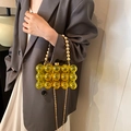 Yellow bubble textured acrylic crossbody box bag with gold beaded top handle and chain strap - Yellow