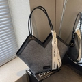 Dark grey denim tote bag with V-shaped opening and black leather handles for women - Dark Gray