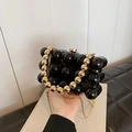 Elegant black beaded sphere shoulder bag with gold chain and top handle strap - Black