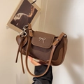 Retro dark brown shoulder bag with silver bow accent and heart charm detail - Coffee