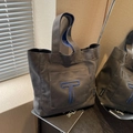 Dark grey large canvas tote bag with blue letter T embroidery and contrast handles - Dark Brown