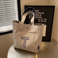 Large beige canvas tote bag with blue embroidered T and contrast handles - Beige Grey