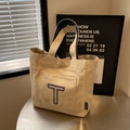 Off-white canvas tote bag with blue T embroidery and contrasting blue inner straps - Khaki