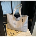 Borsa tote minimalista in tela beige con stampa di lettere ed etichetta nera elegante - Grigio
