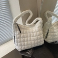 White quilted puffer tote bag with rhombus texture and soft puffy shoulder strap - White