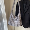 Quilted cloud puffer tote bag in medium grey finish with spacious interior and shoulder strap - Gray