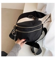 Black crescent crossbody waist bag with golden zippers and branded fashion wide strap - Black