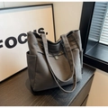 Dark grey canvas tote bag with side pockets and magnetic closure for daily commute - Dark Brown