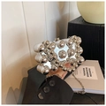 Silver mirror bubble clutch bag with metal sphere texture and fine chain strap - Silver
