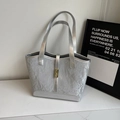 Modern metallic silver tote bag with crinkled patent leather finish and gold lock - Silver Without Pendant