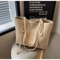 Bolso tote beige minimalista en cuero sintético con asas largas y detalle de texto - Blanco Roto