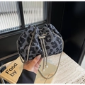 Chic leopard print bucket bag with silver chain strap and pearl drawstring charms - Chain Drawstring Pendant Style / Black Type 2