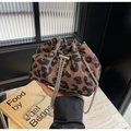 Fashionable leopard print drawstring bucket bag with silver metal chain strap - Coffee Style 2