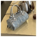 Light blue denim cylinder bag with silver sequins and metallic shoulder strap handles - Silver