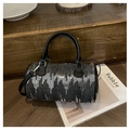 Retro black denim cylinder bag with silver sequins, leather handles and strap - Black