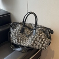 Large travel tote bag with black and white geometric pattern and adjustable shoulder strap - Black