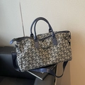 Navy and cream geometric monogram travel tote bag with leather handles and strap - Blue