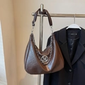 Deep brown large capacity faux leather tote bag with silver chain and M letter detail - No Pendant / Coffee