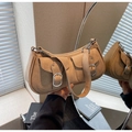 Detail of khaki retro hobo bag with dual buckle pockets and metallic hardware accents - Khaki