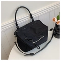 Minimalist black nylon crossbody box bag with silver zippers and top handle - Black Large