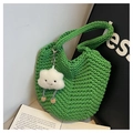 Green knit shoulder bag with cute white cloud plush charm and thick woven texture - Green