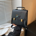 Compact black PU leather backpack with colorful cartoon dog embroidery and gold buckles - Black Without Pendant